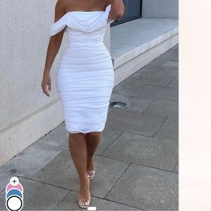 New Fashion Nova White Off-Shoulder Ruched Midi Dress.